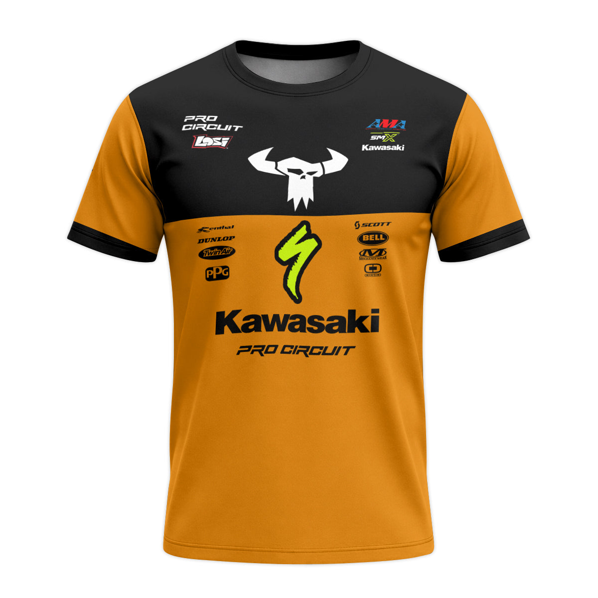Kawasaki Pro Circuit 92 Black Orange Youth Short Sleeve Motocross Jersey – Front View Mockup