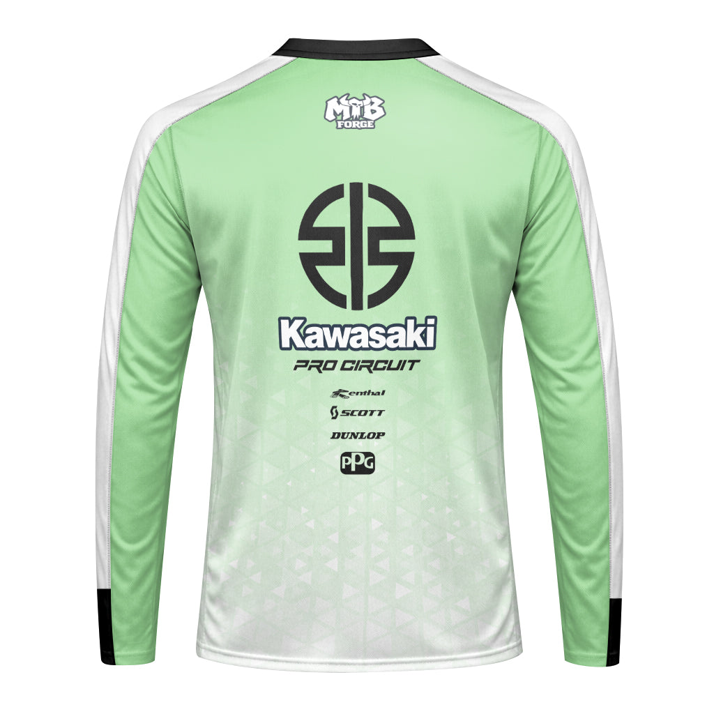 Kawasaki Pro Circuit Mint Green White Long Sleeve Motocross Jersey – Back View Mockup