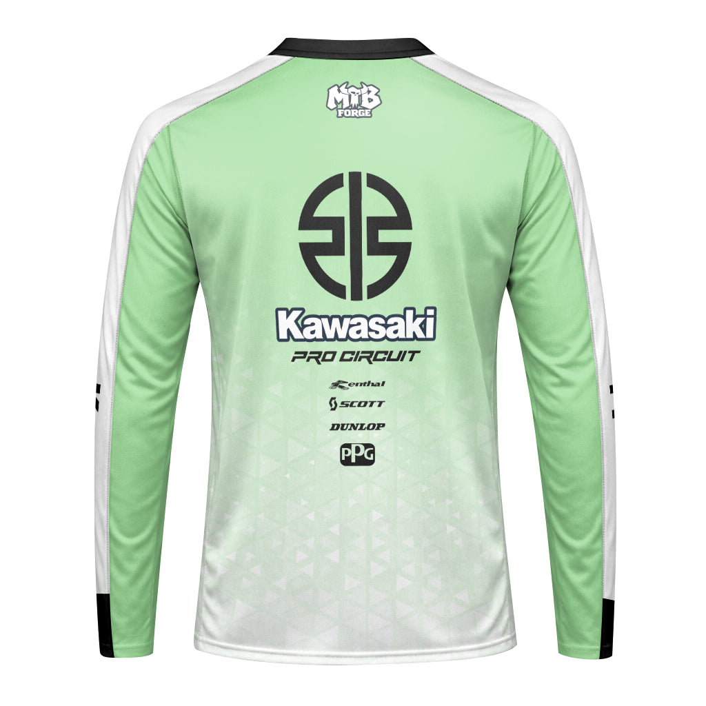 Kawasaki Pro Circuit Mint Green White Youth Long Sleeve Motocross Jersey – Back View Mockup