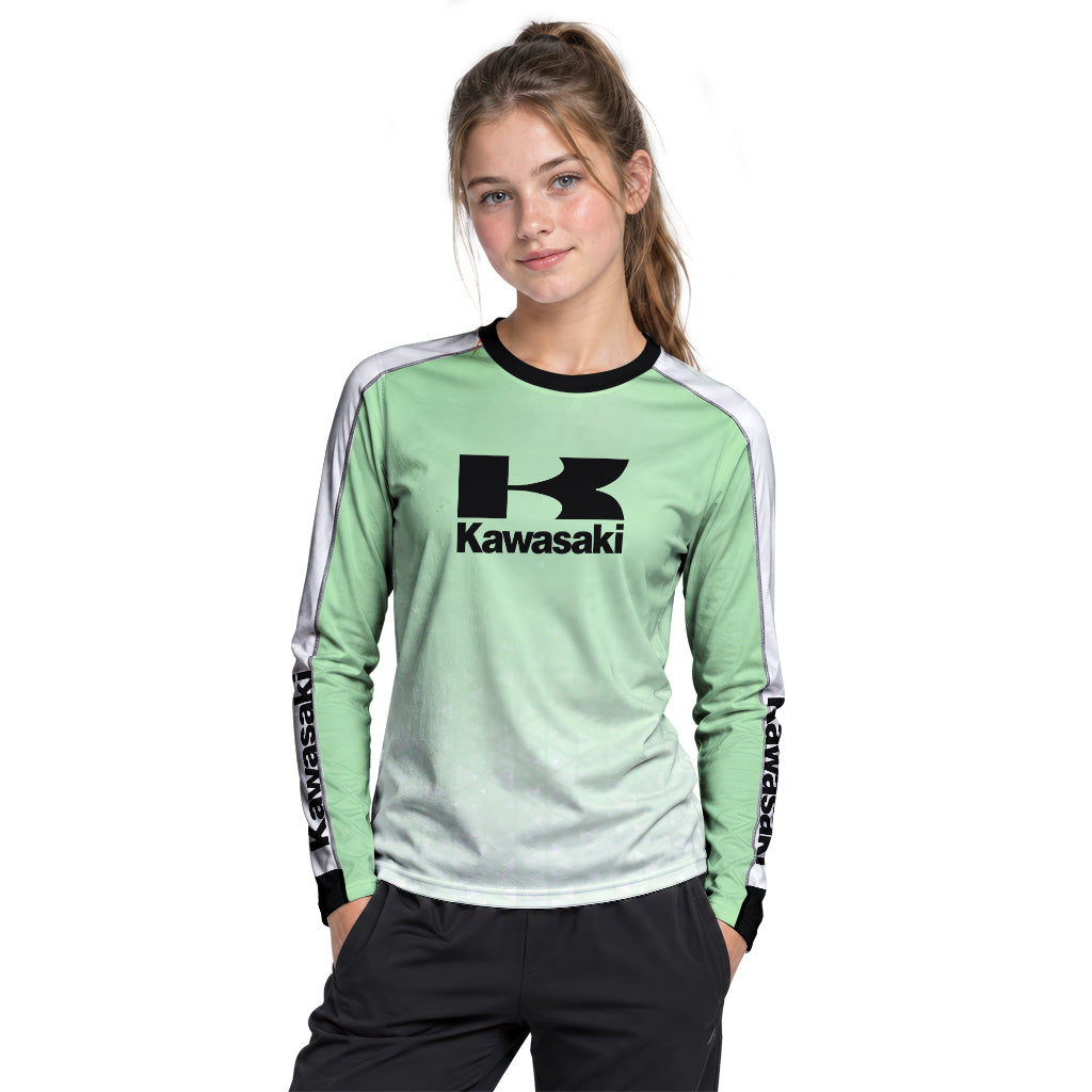 Kawasaki Pro Circuit Mint Green White Youth Long Sleeve Motocross Jersey – Girl Lifestyle View