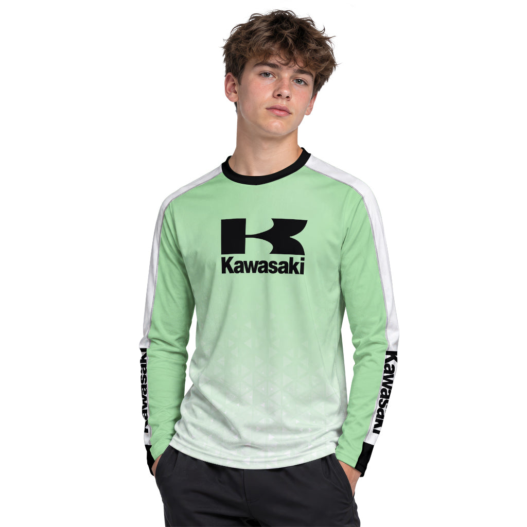 Kawasaki Pro Circuit Mint Green White Youth Long Sleeve Motocross Jersey – Boy Lifestyle View