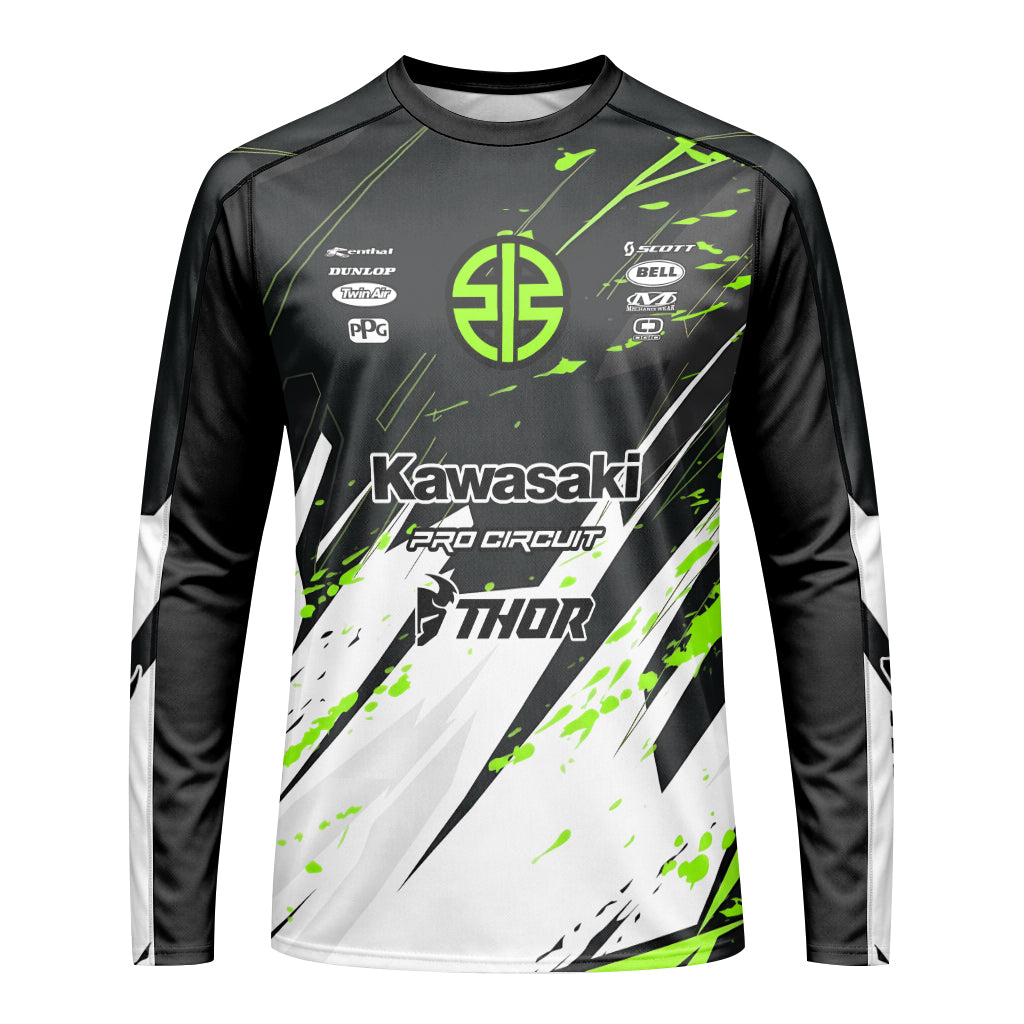 Kawasaki Pro Circuit Number 1 Black Green Long Sleeve Motocross Jersey – Front View Mockup