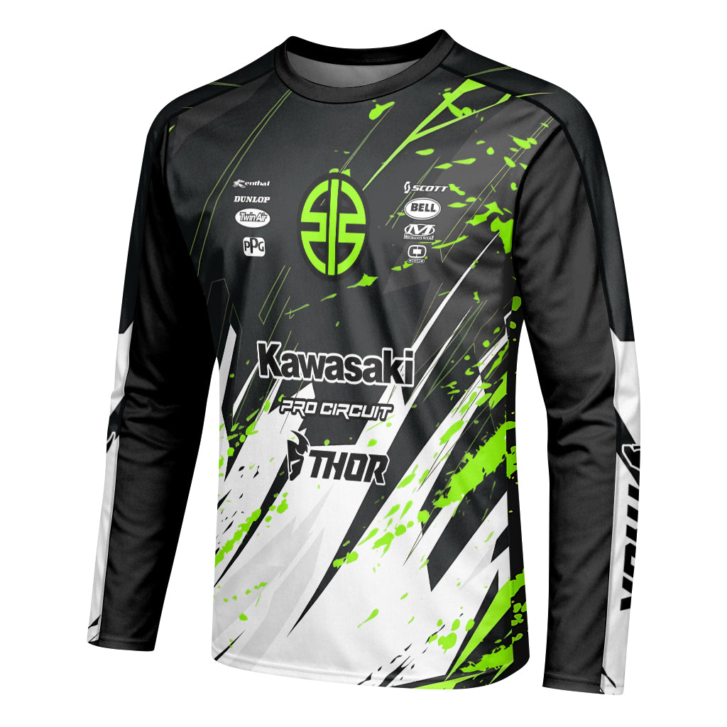 Kawasaki Pro Circuit Number 1 Black Green Long Sleeve Motocross Jersey – Left Side View Mockup
