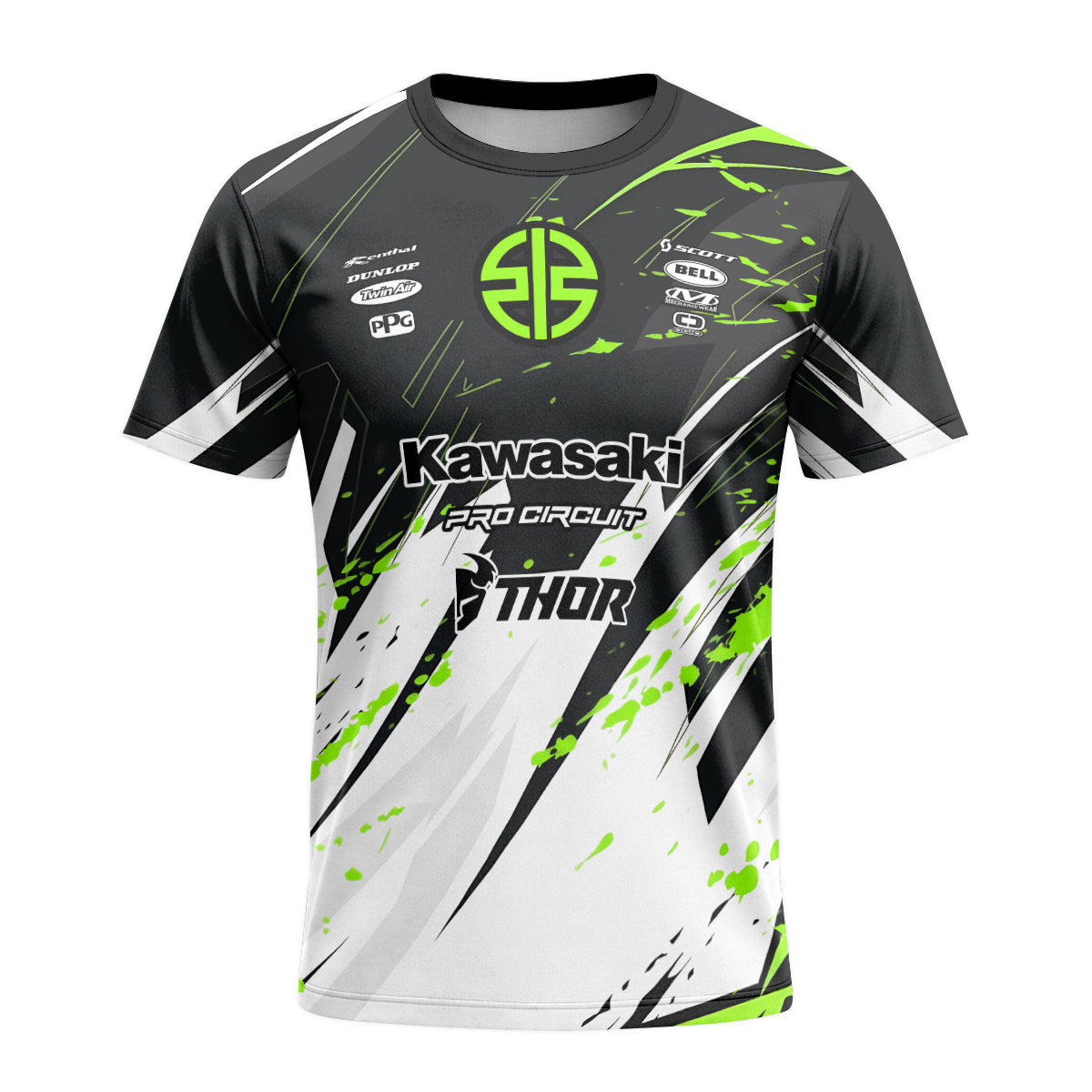 Kawasaki Pro Circuit Number 1 Black Green Short Sleeve Motocross Jersey – Front View Mockup