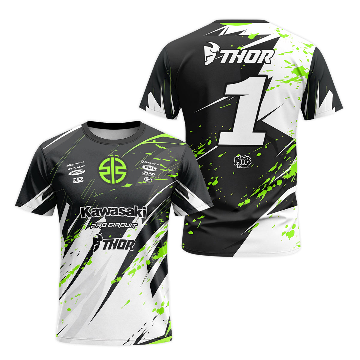 Kawasaki Pro Circuit Number 1 Black Green Short Sleeve Motocross Jersey – Front and Back View