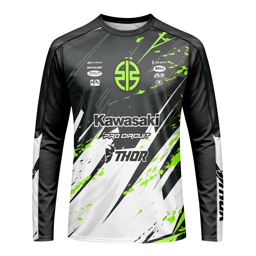 Kawasaki Pro Circuit Number 1 Black Green Youth Long Sleeve Motocross Jersey – Front View Mockup