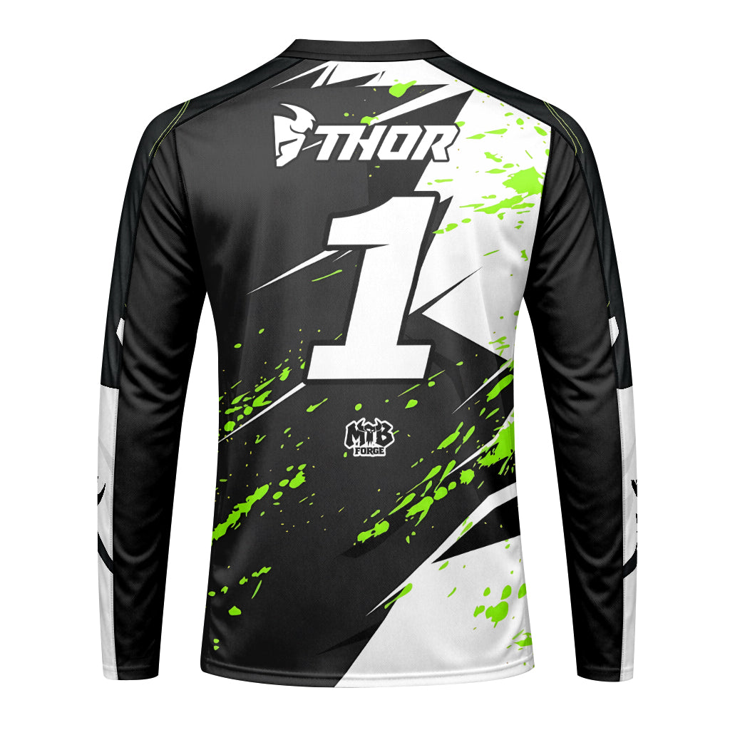 Kawasaki Pro Circuit Number 1 Black Green Youth Long Sleeve Motocross Jersey – Back View Mockup