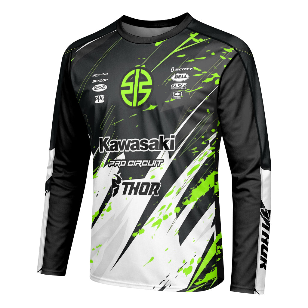 Kawasaki Pro Circuit Number 1 Black Green Youth Long Sleeve Motocross Jersey – Left Side View Mockup