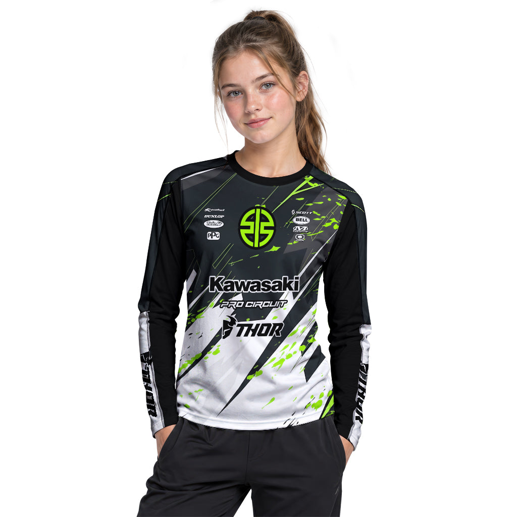 Kawasaki Pro Circuit Number 1 Black Green Youth Long Sleeve Motocross Jersey – Girl Lifestyle View