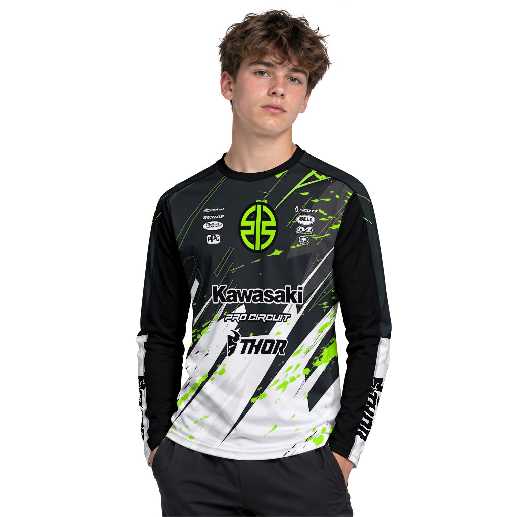Kawasaki Pro Circuit Number 1 Black Green Youth Long Sleeve Motocross Jersey – Boy Lifestyle View