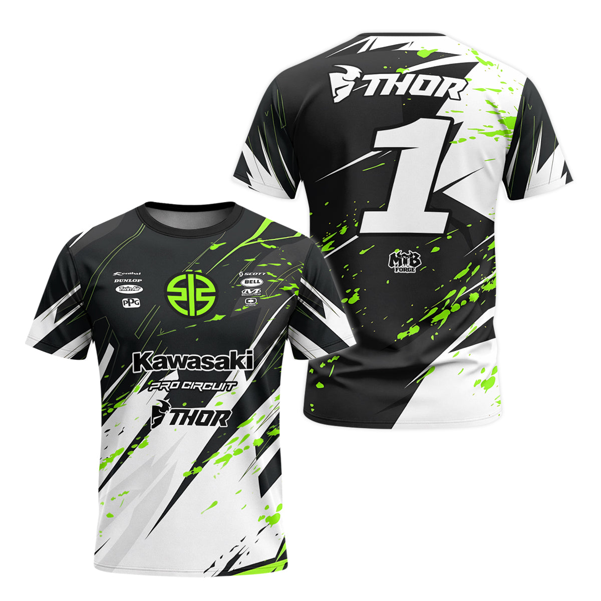 Kawasaki Pro Circuit Number 1 Black Green Youth Short Sleeve Motocross Jersey – Front and Back View