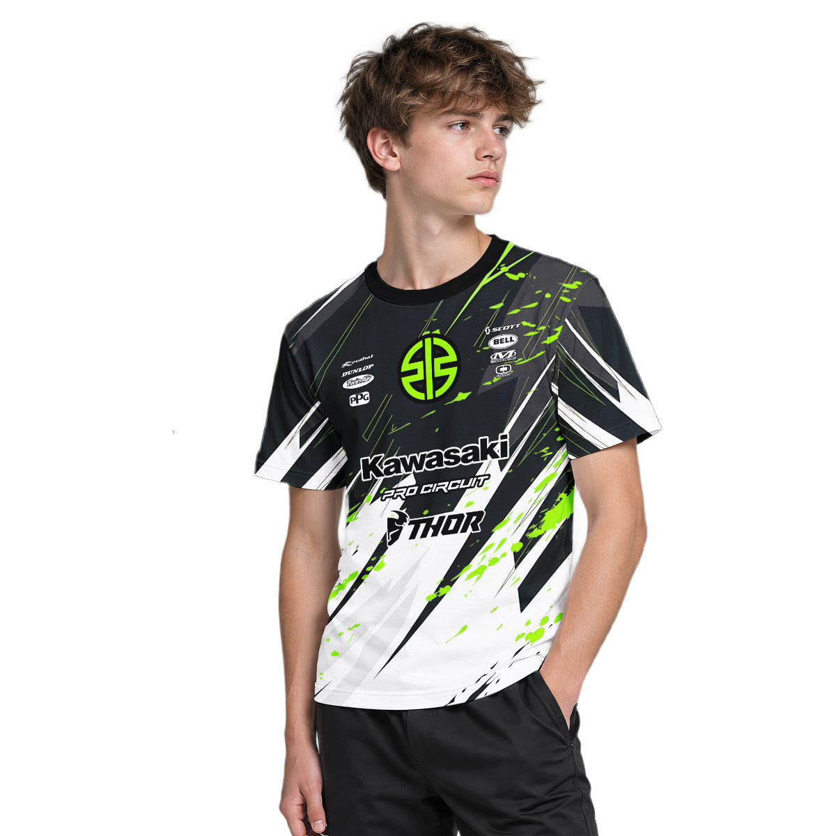 Kawasaki Pro Circuit Number 1 Black Green Youth Short Sleeve Motocross Jersey – Boy Lifestyle View