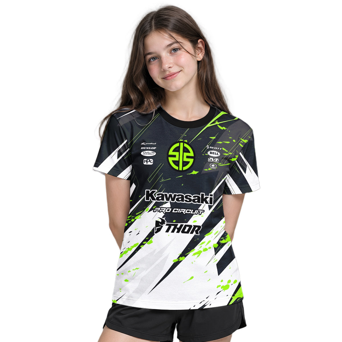 Kawasaki Pro Circuit Number 1 Black Green Youth Short Sleeve Motocross Jersey – Girl Lifestyle View