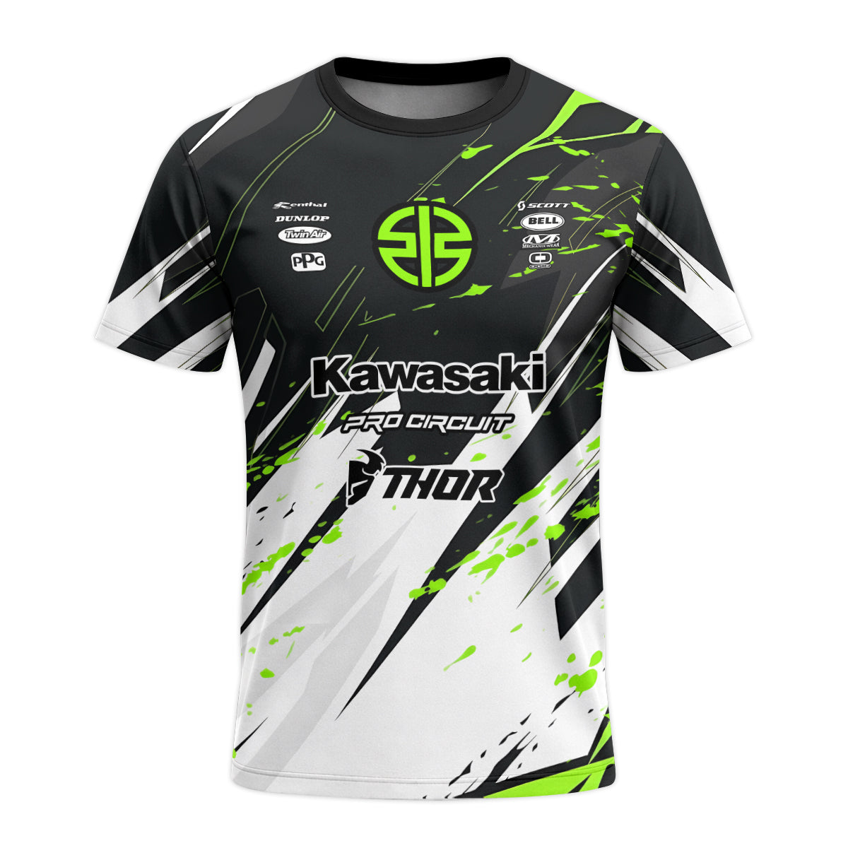 Kawasaki Pro Circuit Number 1 Black Green Youth Short Sleeve Motocross Jersey – Front View Mockup