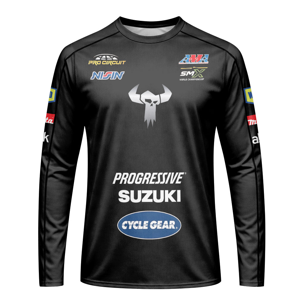 Ken Roczen 94 Progressive Suzuki Black Long Sleeve Motocross Jersey – Front View Mockup