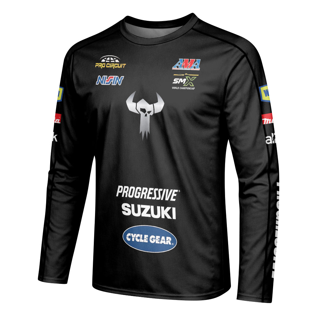 Ken Roczen 94 Progressive Suzuki Black Long Sleeve Motocross Jersey – Left Side View Mockup