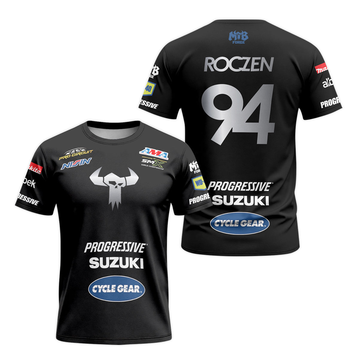 Ken Roczen 94 Progressive Suzuki Black Short Sleeve Motocross Jersey – Front and Back View