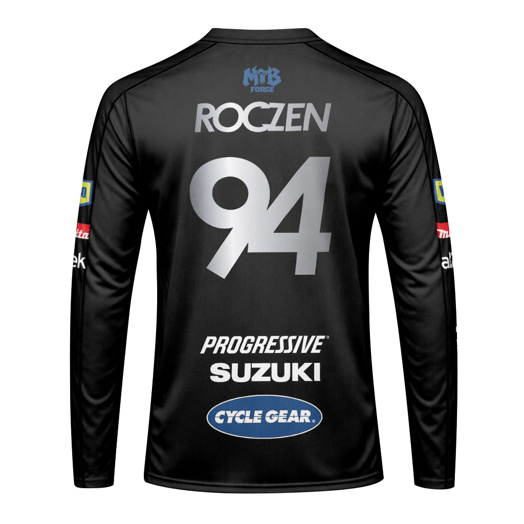Ken Roczen 94 Progressive Suzuki Black Youth Long Sleeve Motocross Jersey – Back View Mockup