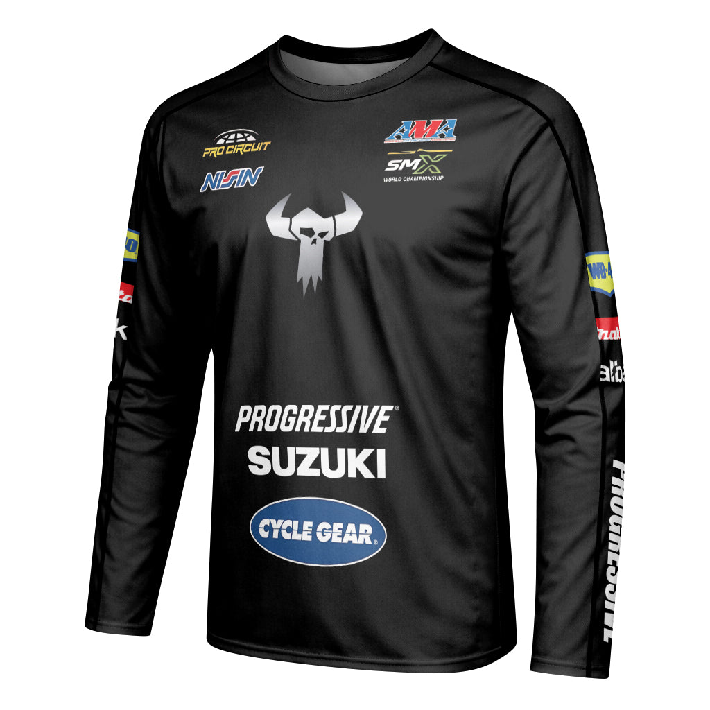 Ken Roczen 94 Progressive Suzuki Black Youth Long Sleeve Motocross Jersey – Left Side View Mockup