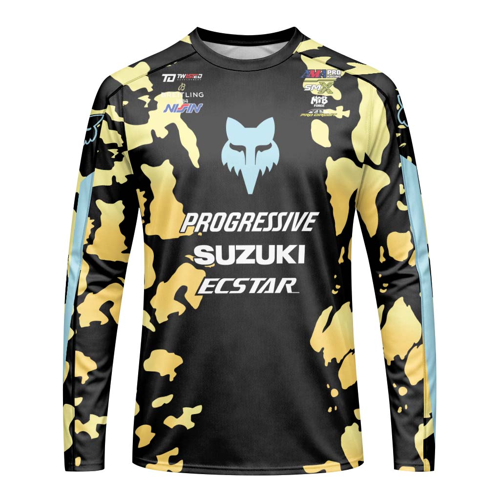 Ken Roczen 94 Progressive Suzuki Ecstar Black Gold Camo Long Sleeve Motocross Jersey - front view mockup