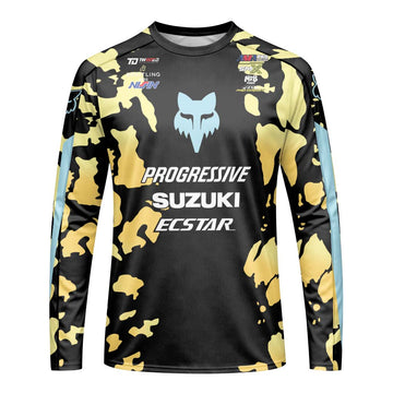 Ken Roczen 94 Progressive Suzuki Ecstar Black Gold Camo Long Sleeve Motocross Jersey - front view mockup