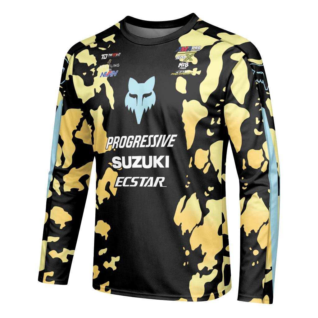 Ken Roczen 94 Progressive Suzuki Ecstar Black Gold Camo Long Sleeve Motocross Jersey - left side mockup