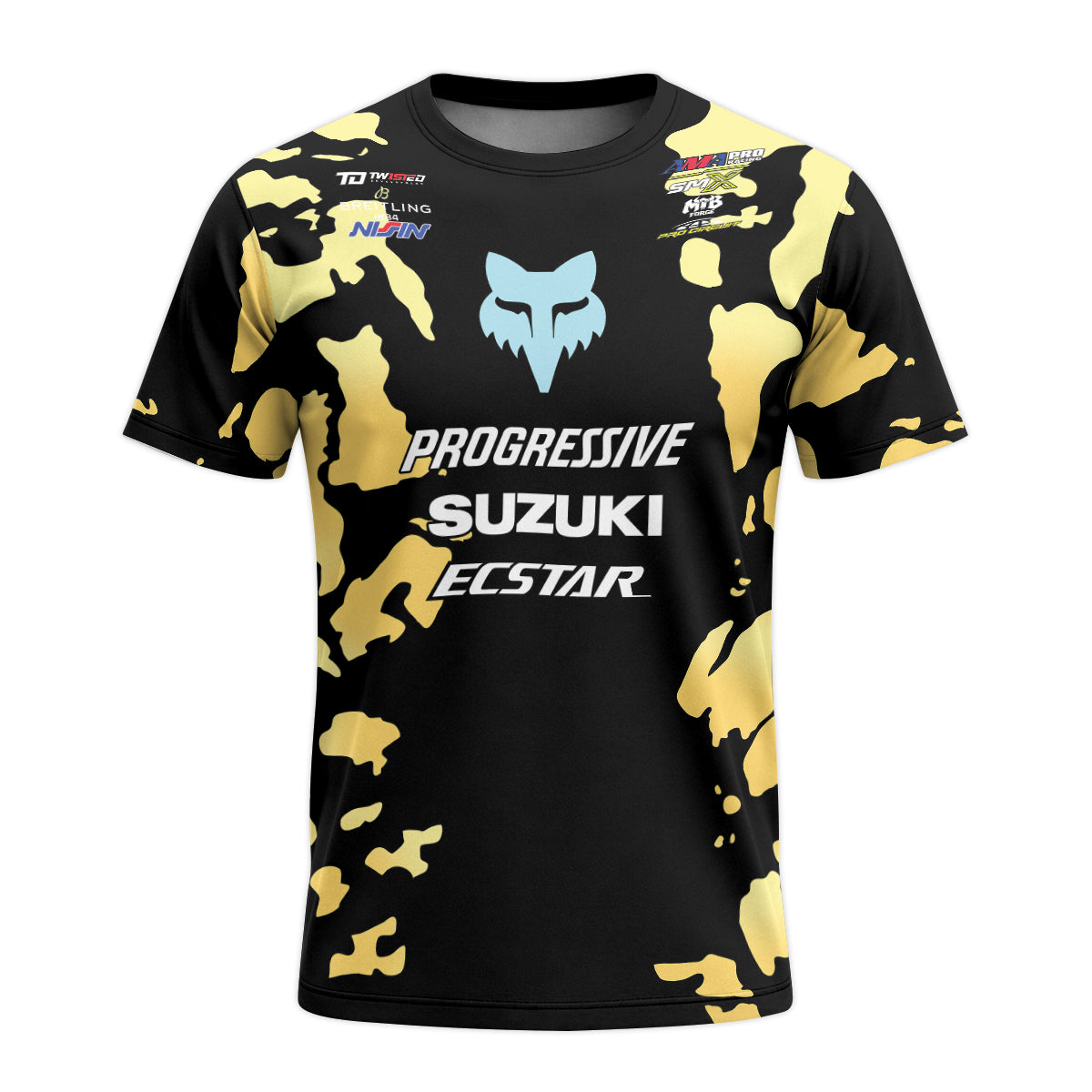 Ken Roczen 94 Progressive Suzuki Ecstar Black Gold Camo Short Sleeve Motocross Jersey - front view mockup