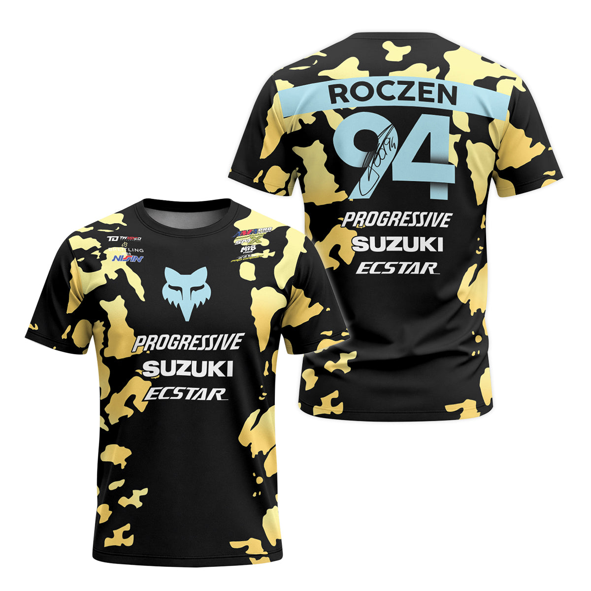 Ken Roczen 94 Progressive Suzuki Ecstar Black Gold Camo Short Sleeve Motocross Jersey - front and back view