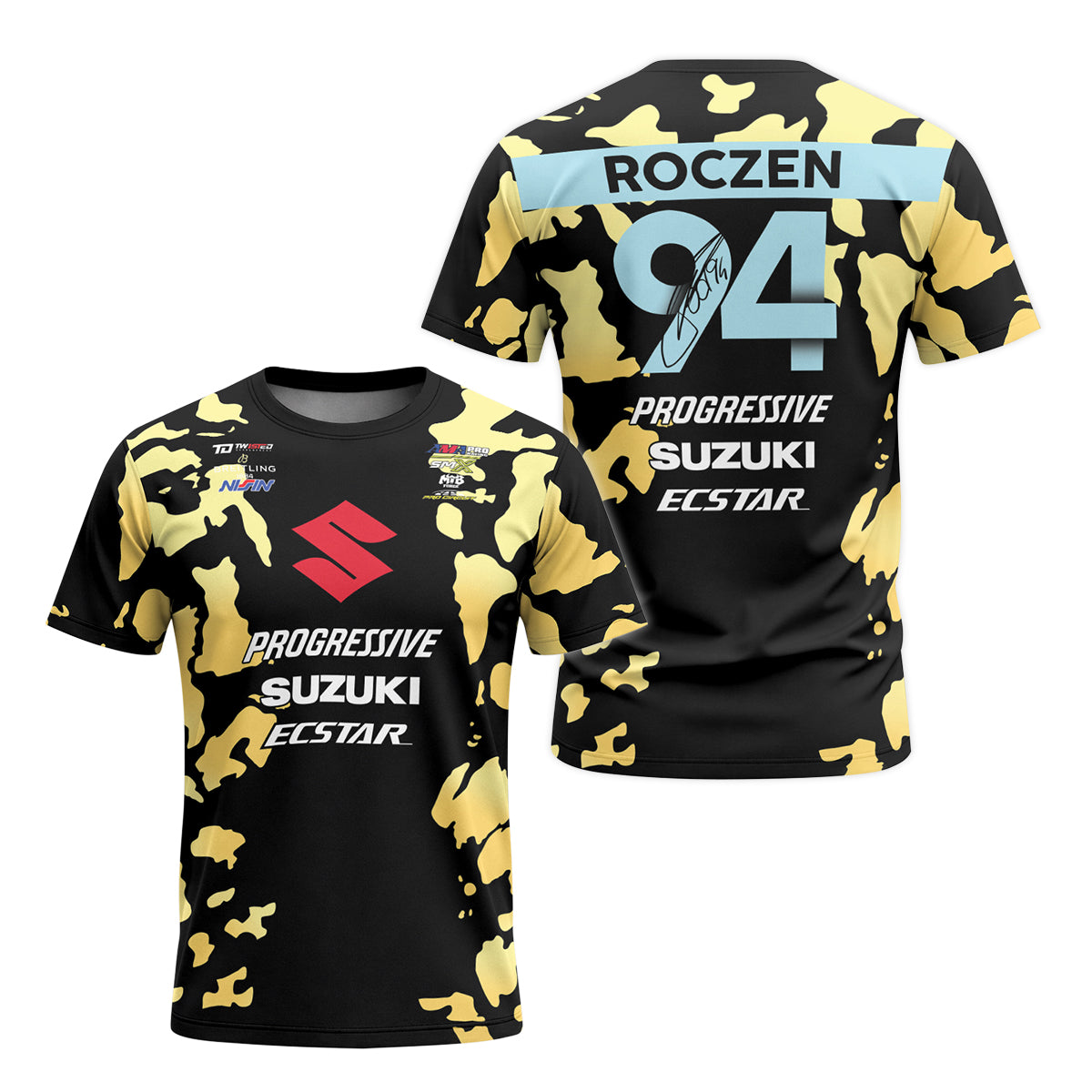 Ken Roczen 94 Progressive Suzuki Ecstar Black Gold Camo Youth Short Sleeve Motocross Jersey – Front and Back View