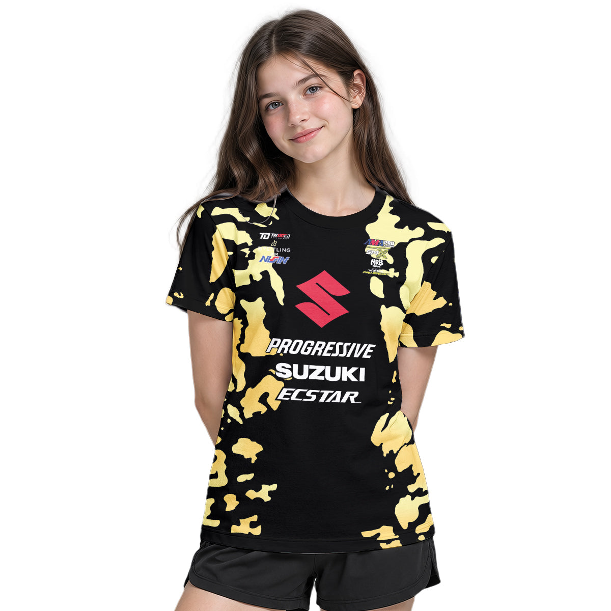 Ken Roczen 94 Progressive Suzuki Ecstar Black Gold Camo Youth Short Sleeve Motocross Jersey – Girl Lifestyle View