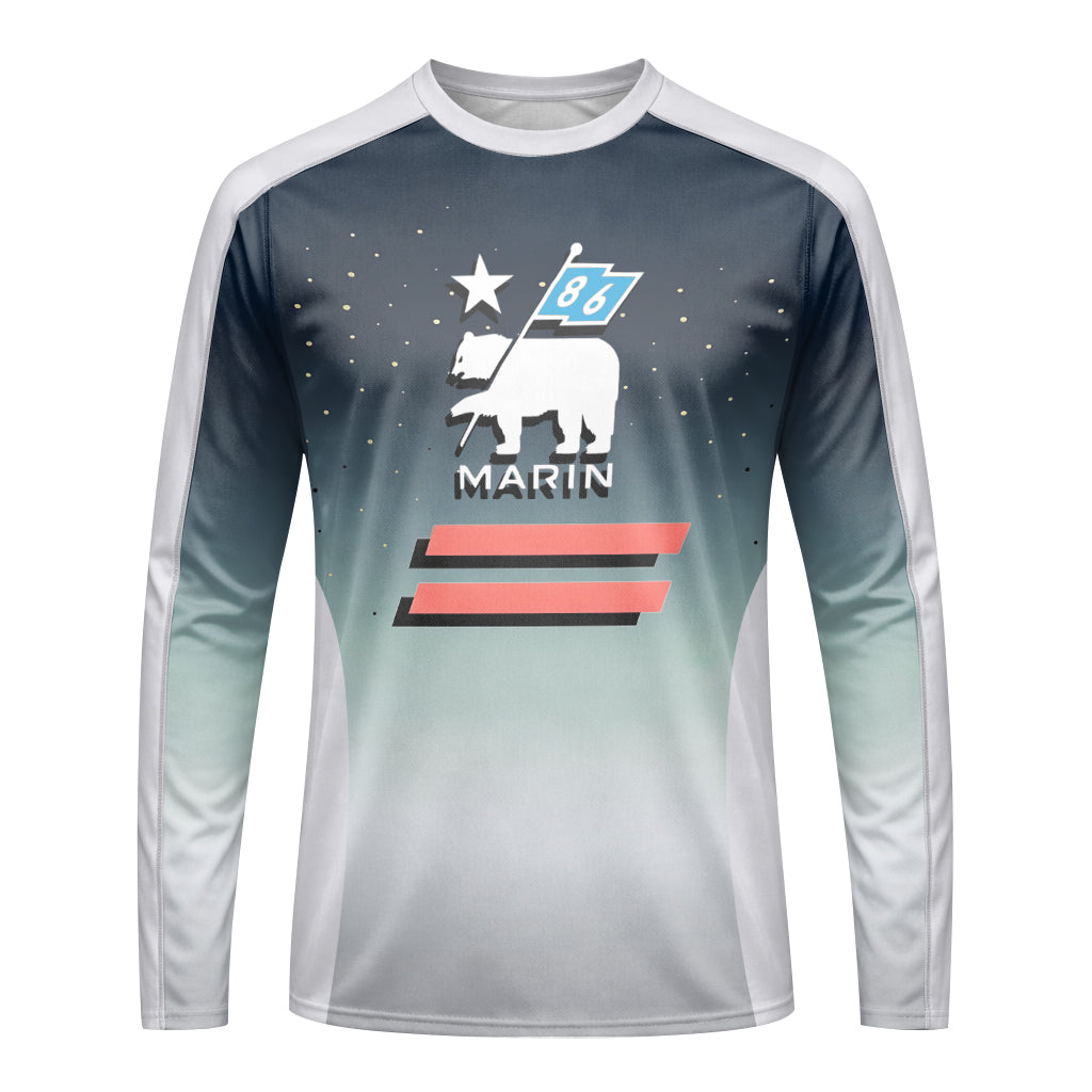 Marin Bikes Bear Flag Navy Gray Long Sleeve Mountain Bike Jersey – Front View Mockup