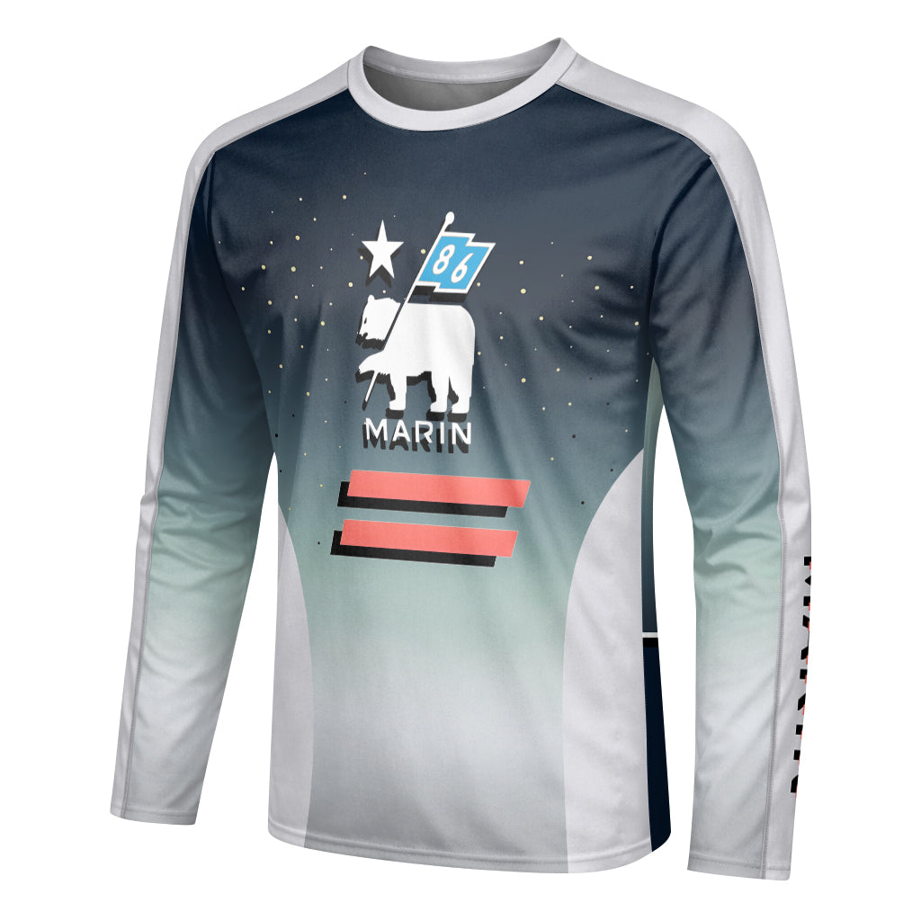 Marin Bikes Bear Flag Navy Gray Long Sleeve Mountain Bike Jersey – Left Side View Mockup
