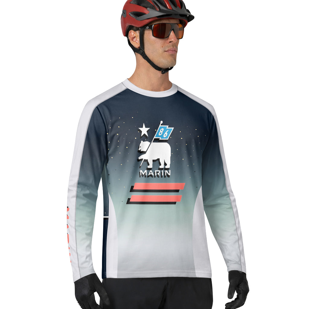 Marin Bikes Bear Flag Navy Gray Long Sleeve Mountain Bike Jersey – Lifestyle View