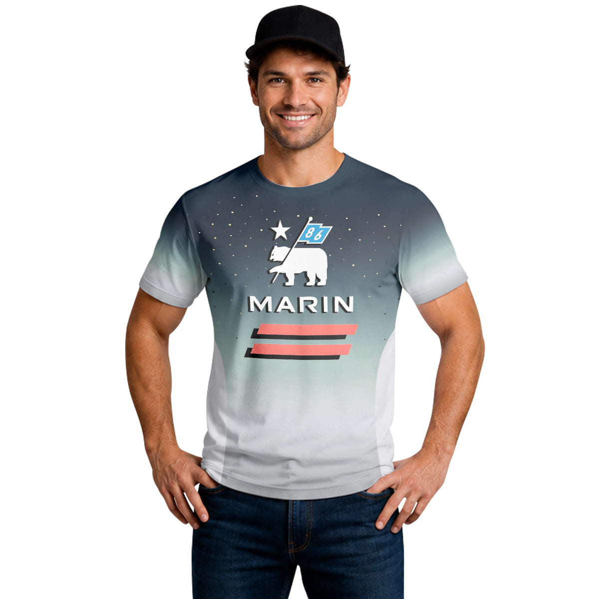Marin Bikes Bear Flag Navy Gray Short Sleeve Mountain Bike Jersey – Lifestyle View