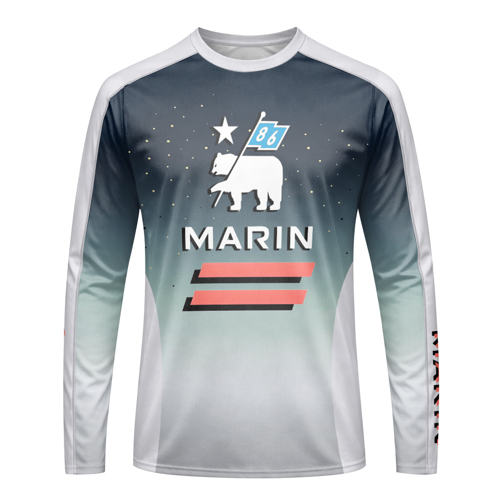 Marin Bikes Bear Flag Navy Gray Youth Long Sleeve Mountain Bike Jersey – Front View Mockup