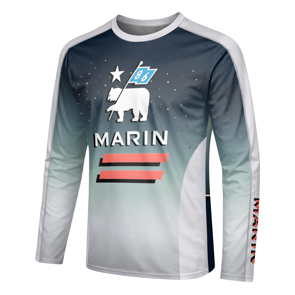 Marin Bikes Bear Flag Navy Gray Youth Long Sleeve Mountain Bike Jersey – Left Side View Mockup