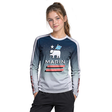 Marin Bikes Bear Flag Navy Gray Youth Long Sleeve Mountain Bike Jersey – Girl Lifestyle View