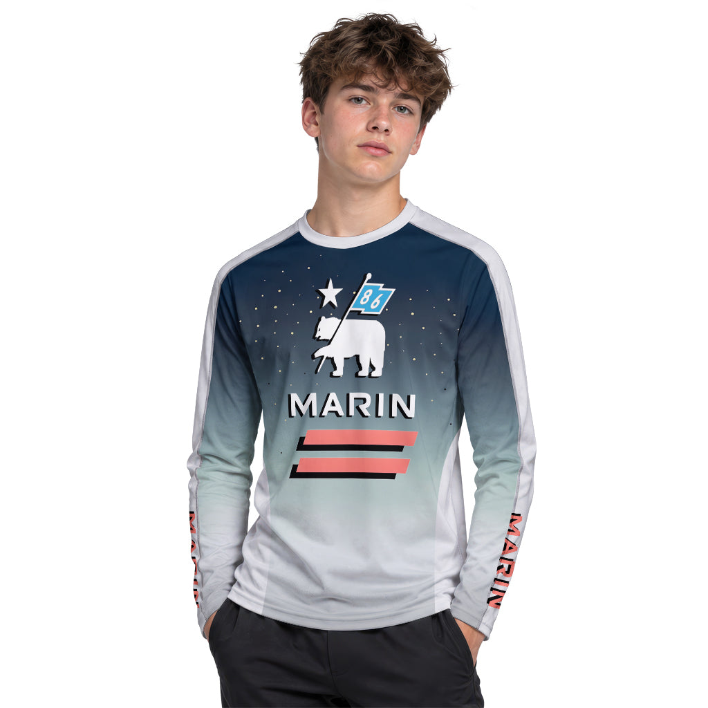 Marin Bikes Bear Flag Navy Gray Youth Long Sleeve Mountain Bike Jersey – Boy Lifestyle View