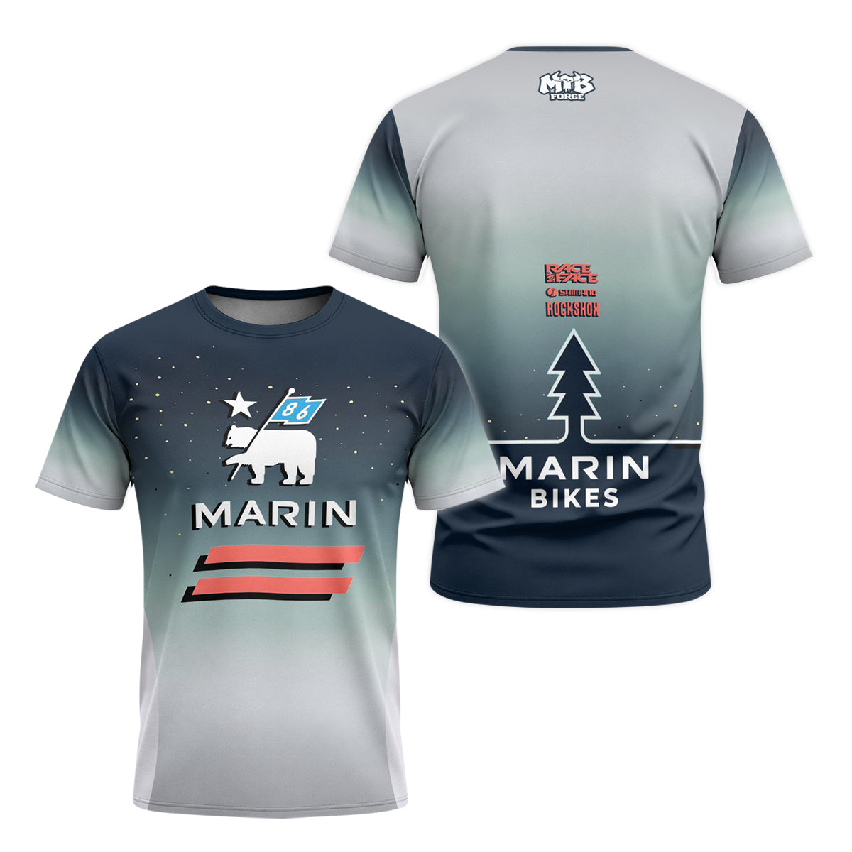 Marin Bikes Bear Flag Navy Gray Youth Short Sleeve Mountain Bike Jersey – Front and Back View