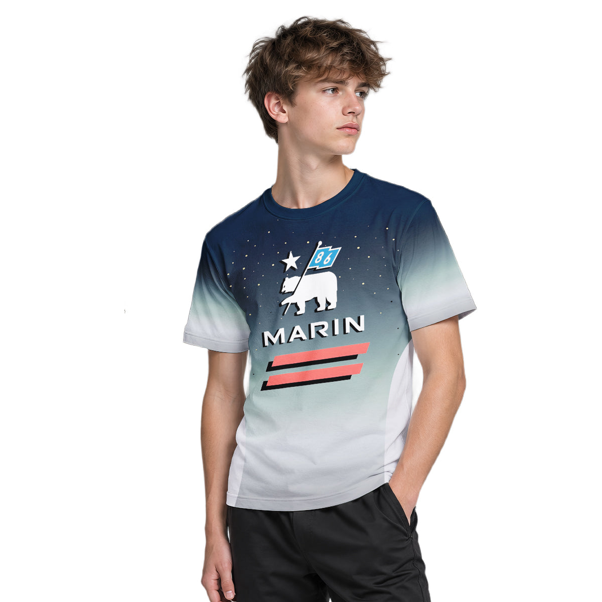 Marin Bikes Bear Flag Navy Gray Youth Short Sleeve Mountain Bike Jersey – Boy Lifestyle View