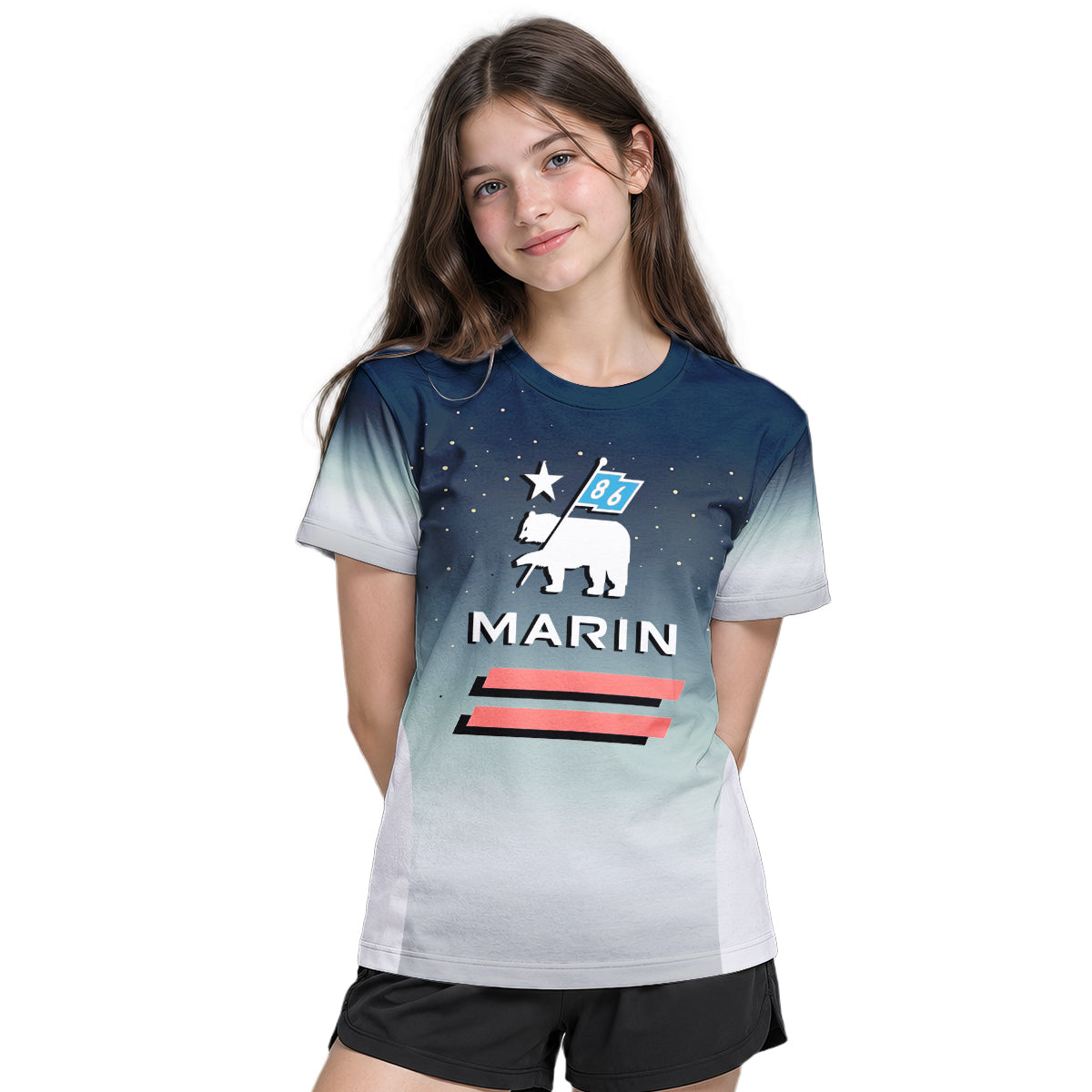 Marin Bikes Bear Flag Navy Gray Youth Short Sleeve Mountain Bike Jersey – Girl Lifestyle View