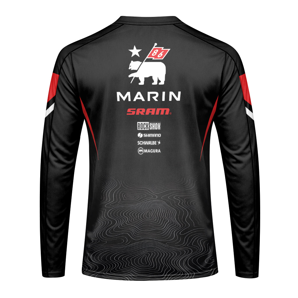 Marin Bikes Black Red Topographic Long Sleeve Mountain Bike Jersey – Back View Mockup