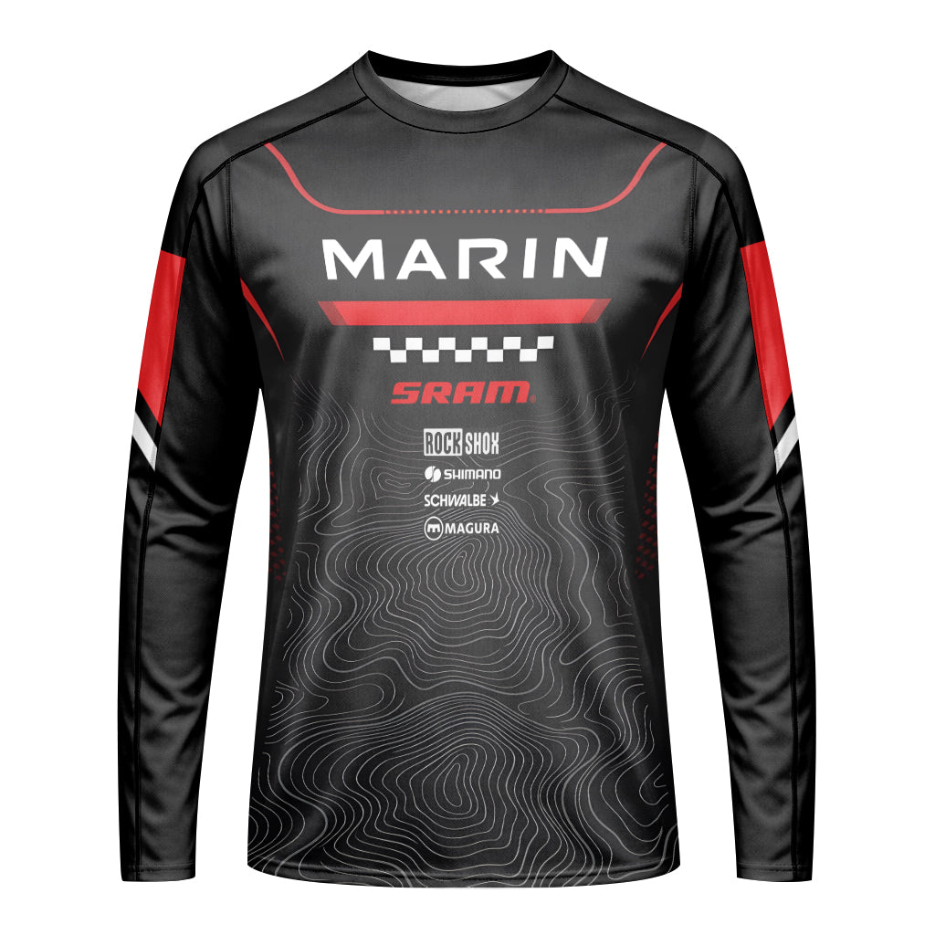 Marin Bikes Black Red Topographic Long Sleeve Mountain Bike Jersey – Front View Mockup