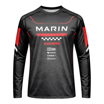 Marin Bikes Black Red Topographic Long Sleeve Mountain Bike Jersey – Front View Mockup