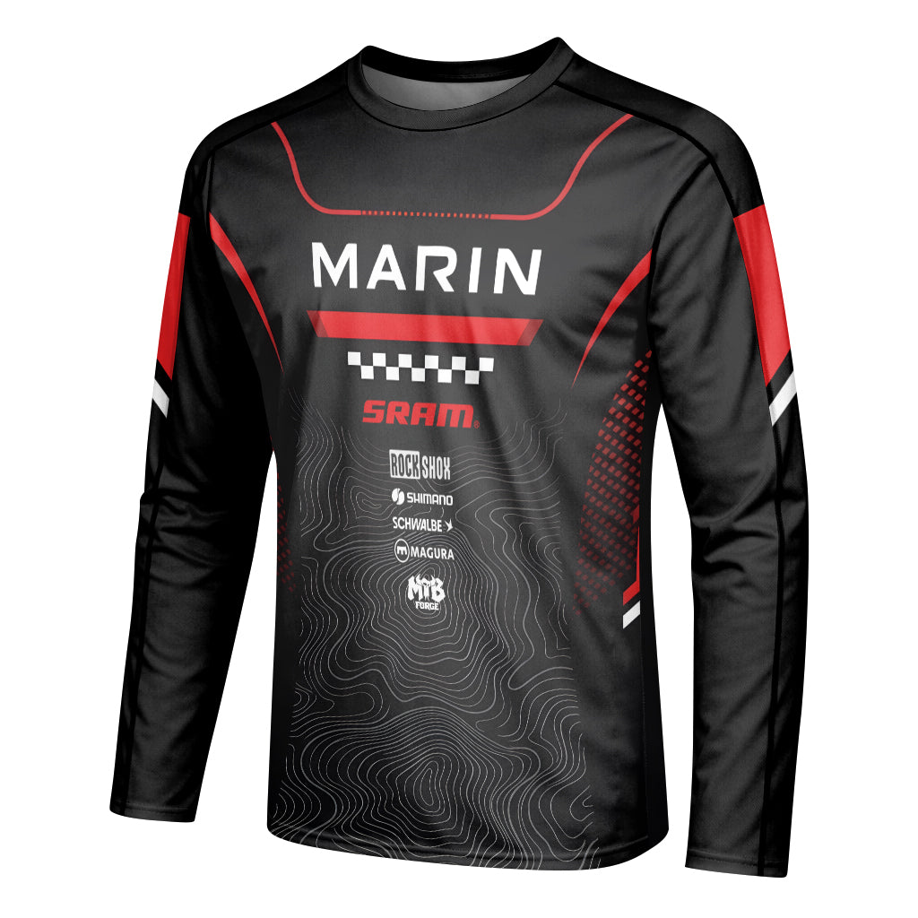 Marin Bikes Black Red Topographic Long Sleeve Mountain Bike Jersey – Left Side View Mockup