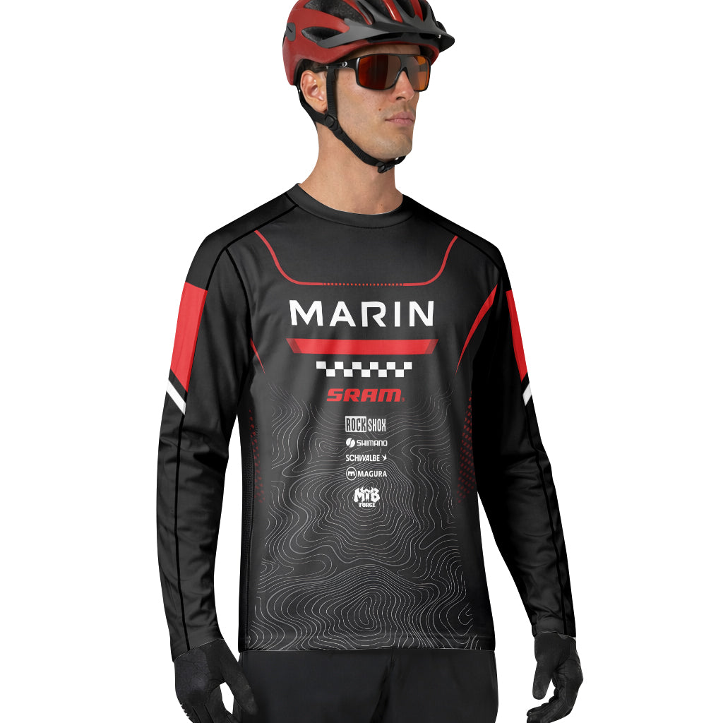 Marin Bikes Black Red Topographic Long Sleeve Mountain Bike Jersey – Lifestyle View