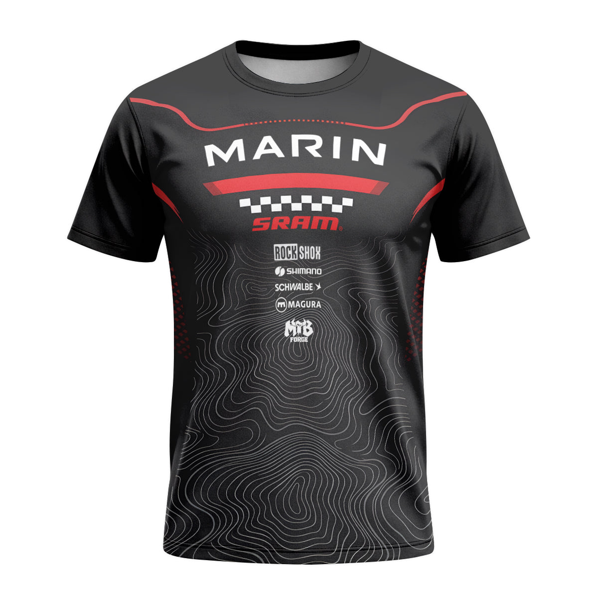 Marin Bikes Black Red Topographic Short Sleeve Mountain Bike Jersey – Front View Mockup