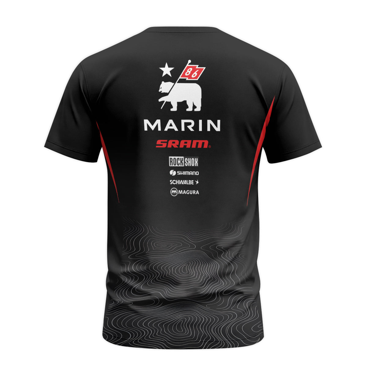 Marin Bikes Black Red Topographic Short Sleeve Mountain Bike Jersey – Back View Mockup