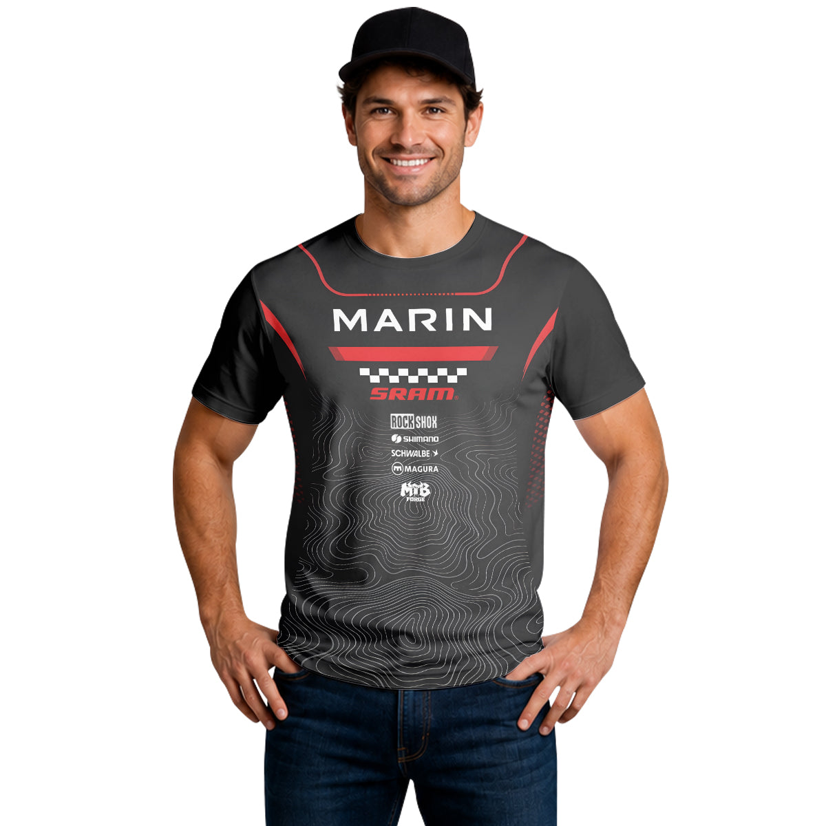 Marin Bikes Black Red Topographic Short Sleeve Mountain Bike Jersey – Lifestyle View