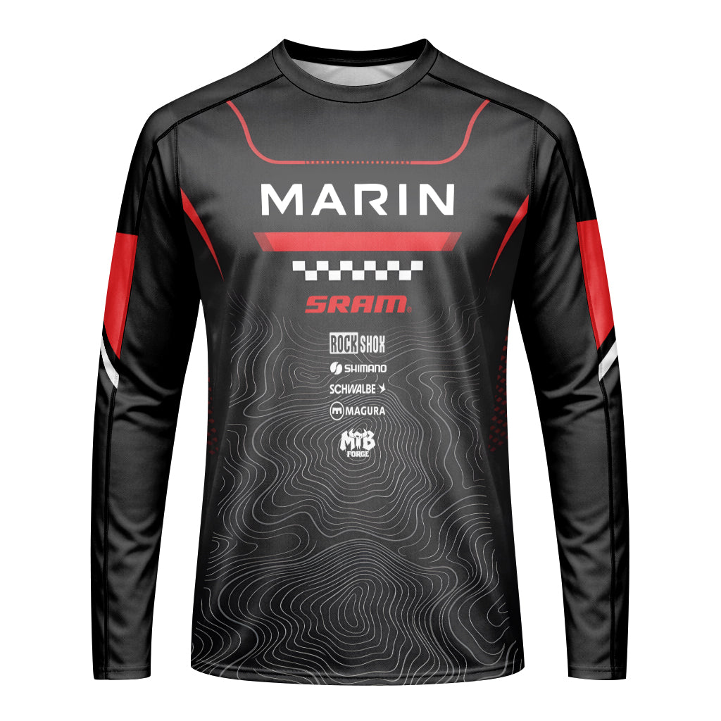 Marin Bikes Black Red Topographic Youth Long Sleeve Mountain Bike Jersey – Front View Mockup